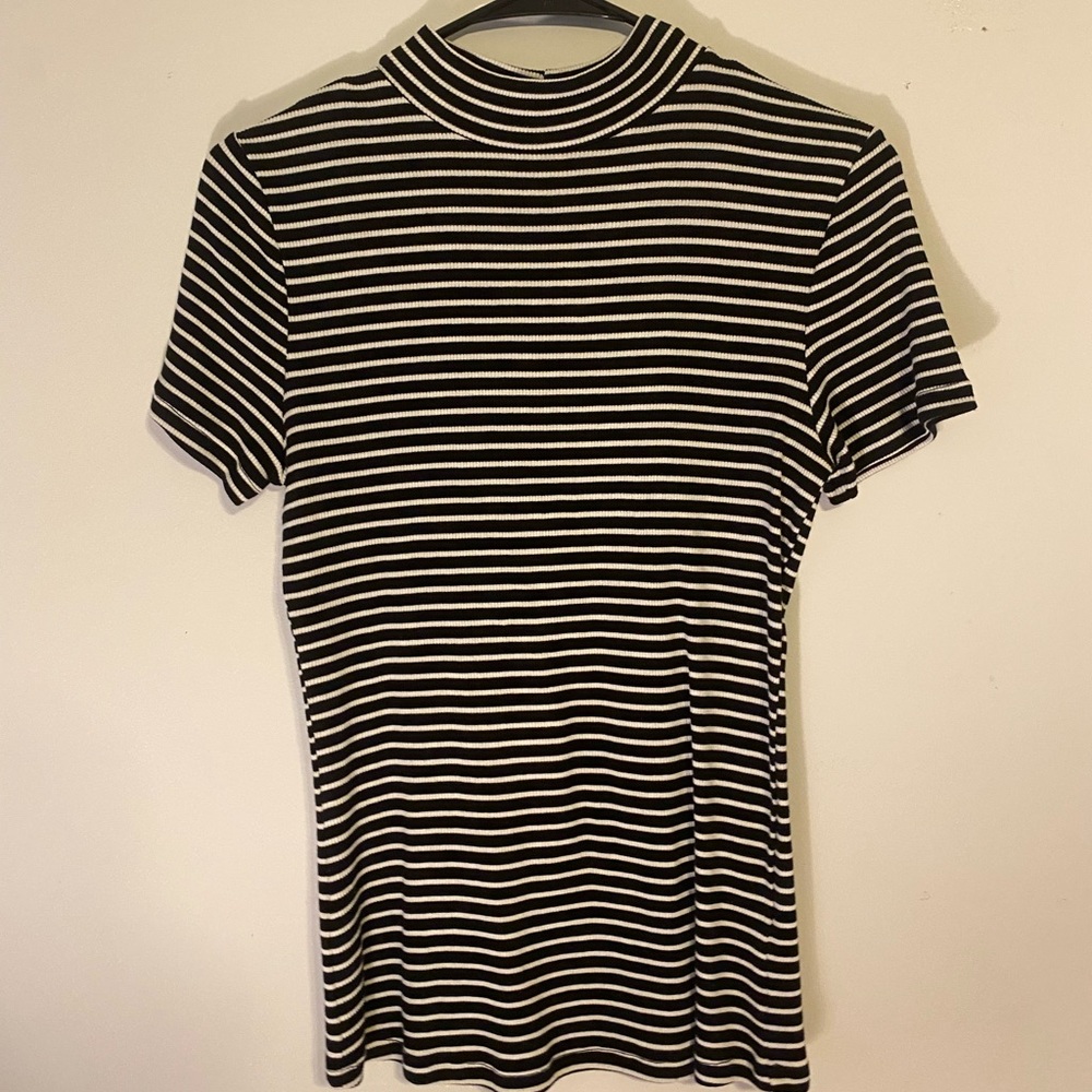 Black and White Striped Mock Neck Shirt